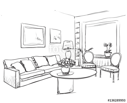 500x405 Room Interior Sketch. Hand Drawn Sofa And Furniture. Stock Image