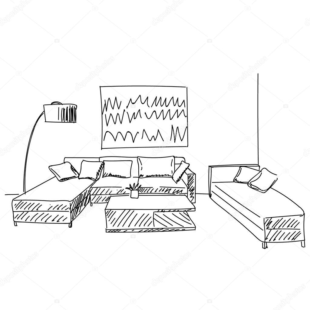 1024x1024 Modern Living Room Interior Vector Sketch With Small Table, Sofa
