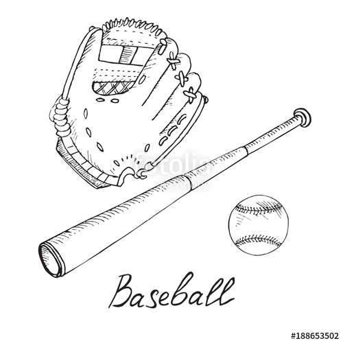 500x500 Baseball Equipment Set Ball, Bat And Glove, Hand Drawn Doodle