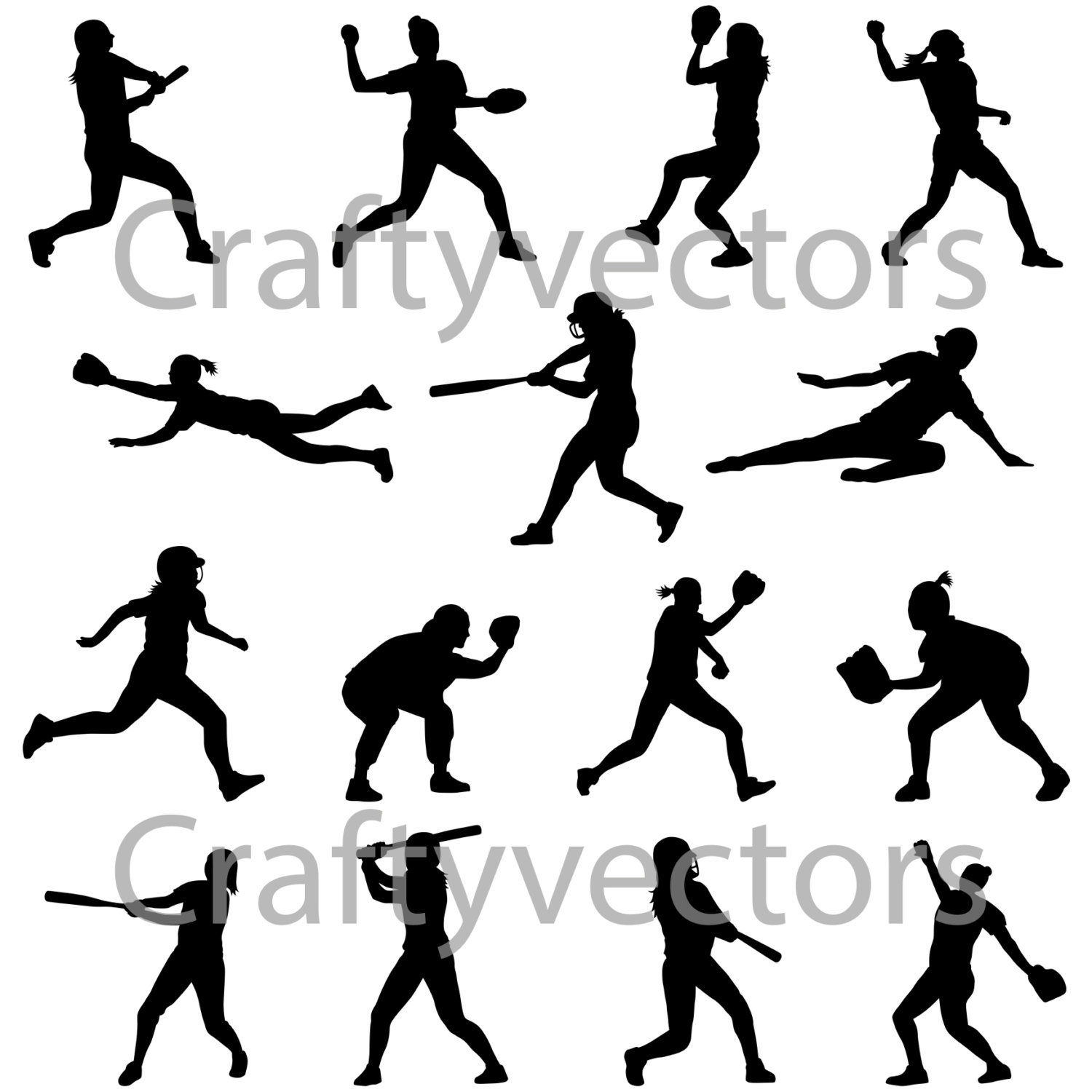 1500x1500 Softball Silhouettes Vector Svg Cut File