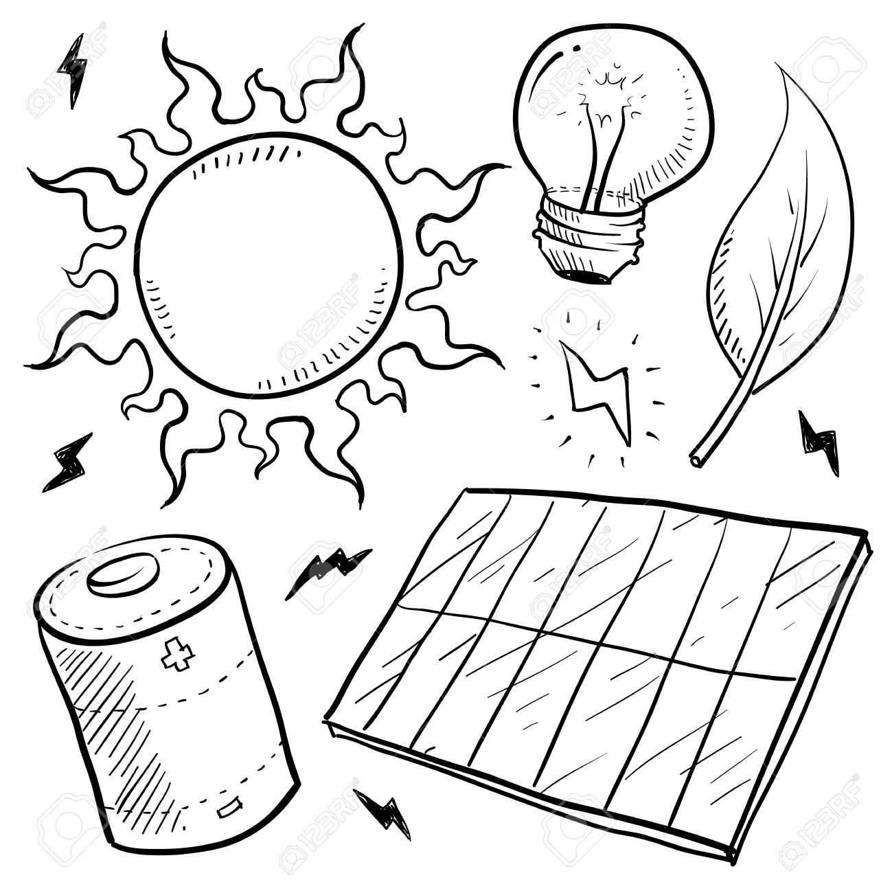 1299x1300 Doodle Style Renewable Solar Energy Equipment Sketch In Vector