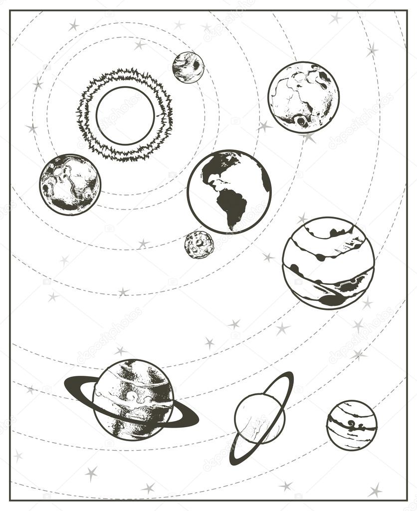 836x1024 Black Drawing Of Solar System Stock Vector Natis76