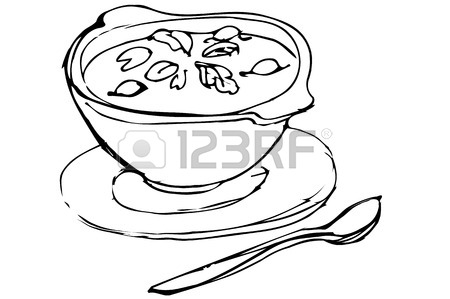 450x299 Vector Sketch Of A Bowl Of Soup With Herbs And Spoon Lying Next
