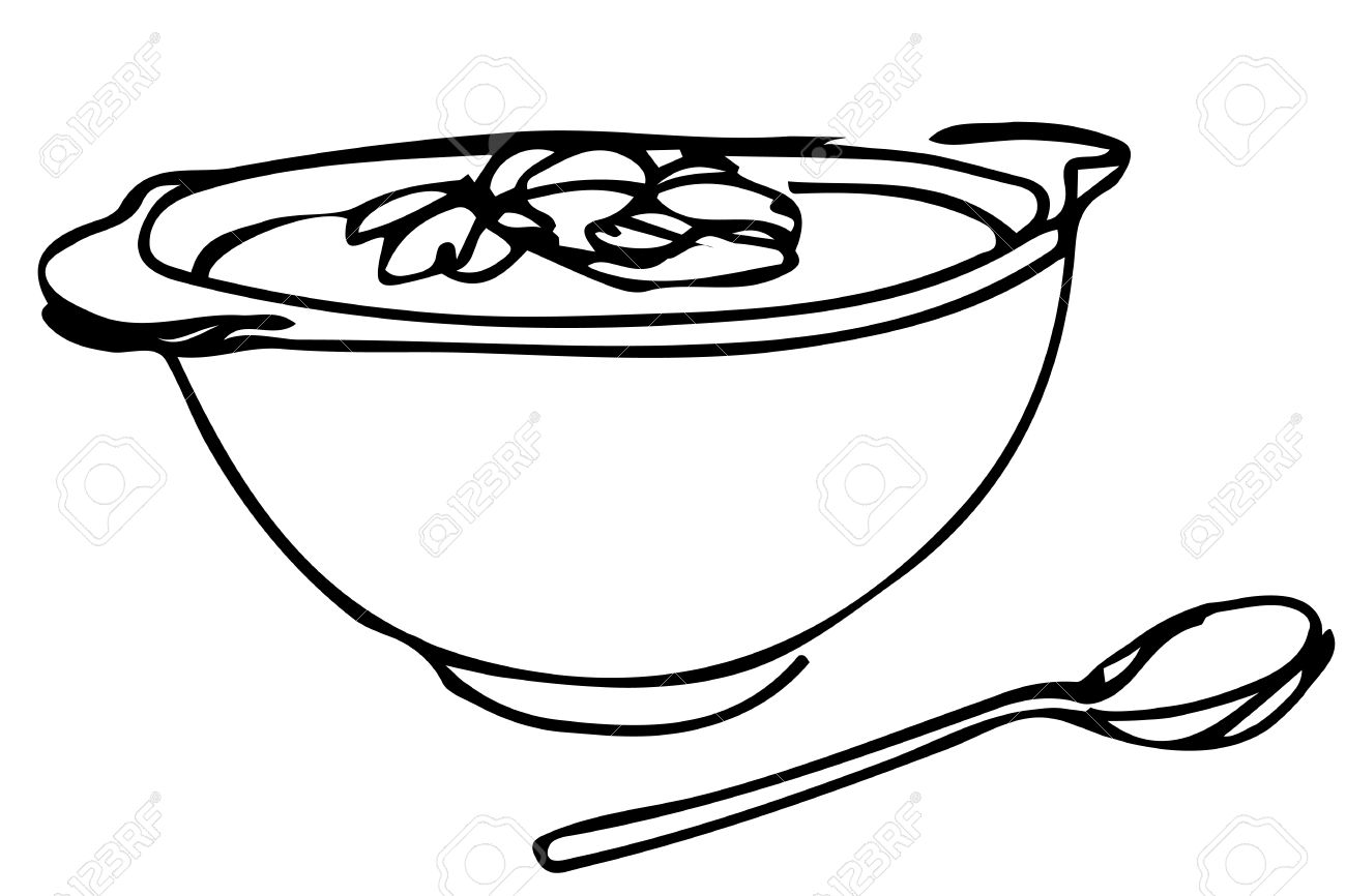 1300x866 Vector Sketch Of A Bowl Of Soup With Herbs And Spoon Lying Next