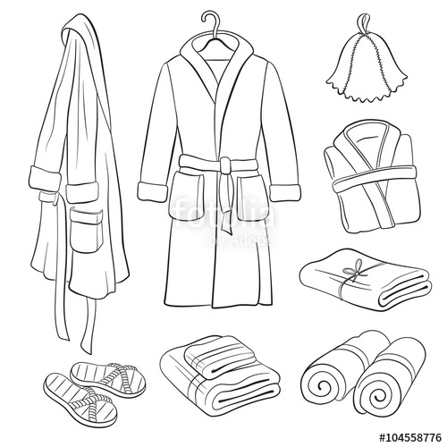 500x500 Sauna Accessories Sketch. Hand Drawn Spa Bathrobes And Towels
