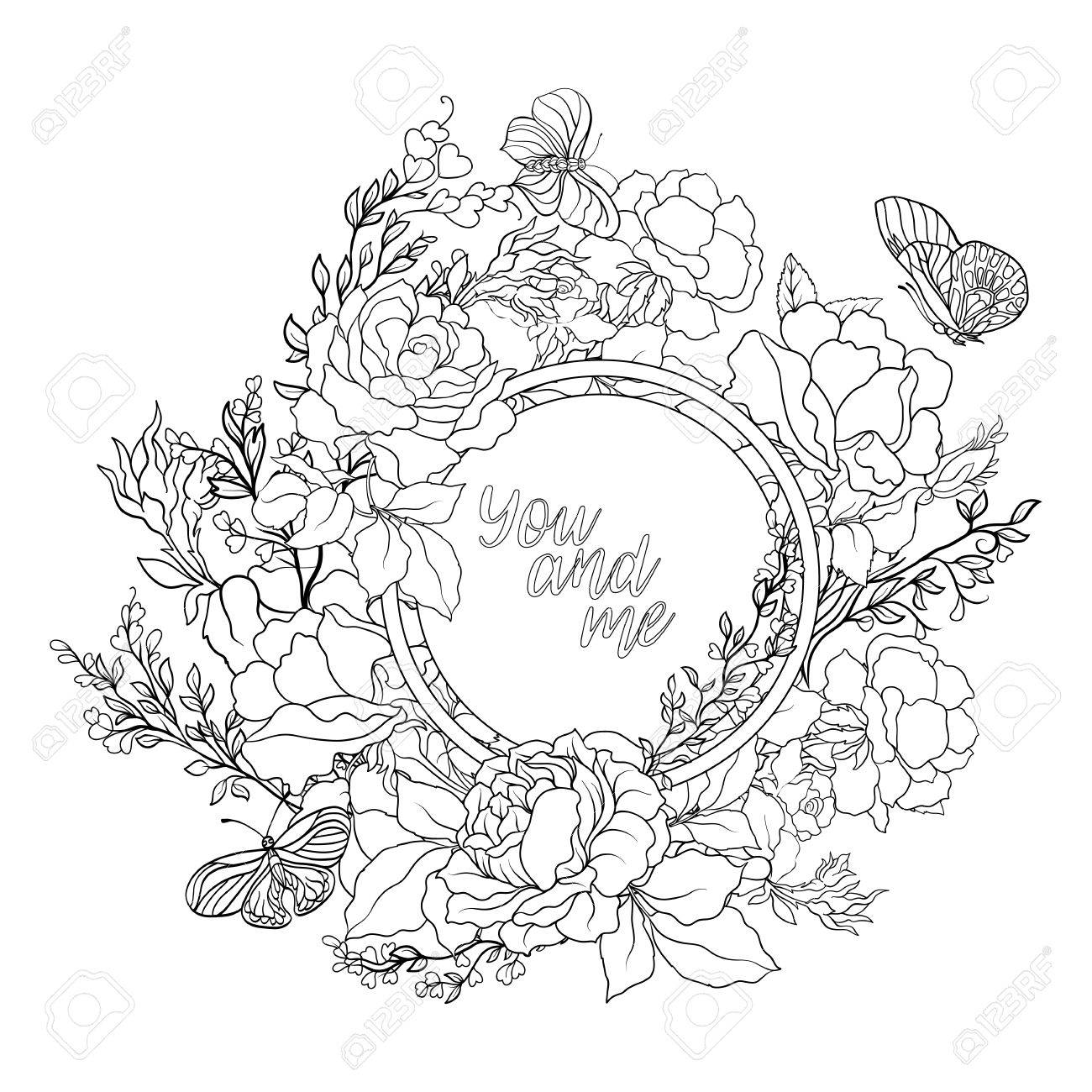 1300x1300 Rose Flower Background With Space For Text. Outline Drawing