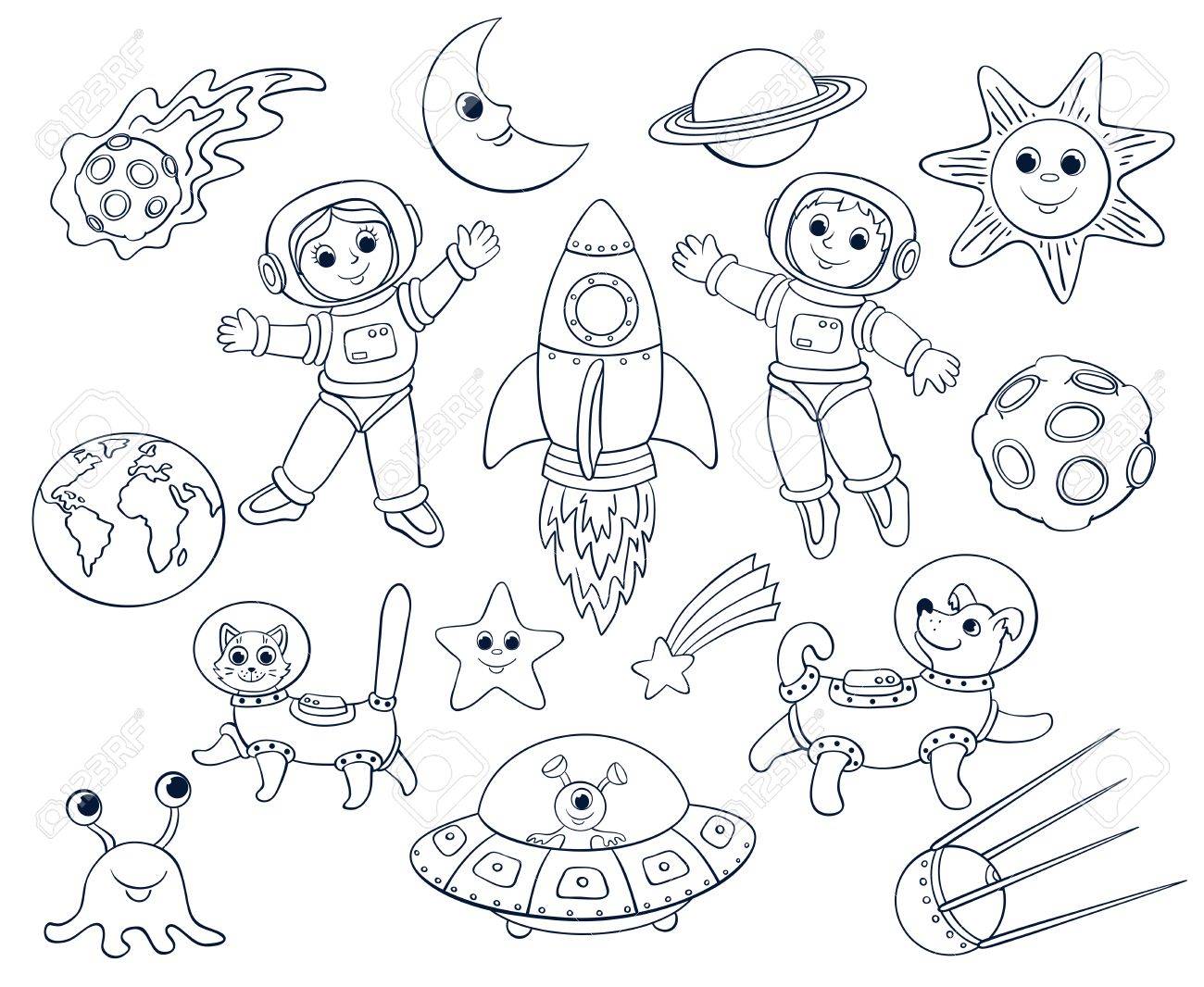 1300x1066 Children In The Space. Cartoon Vector Lineart Set. Isolated