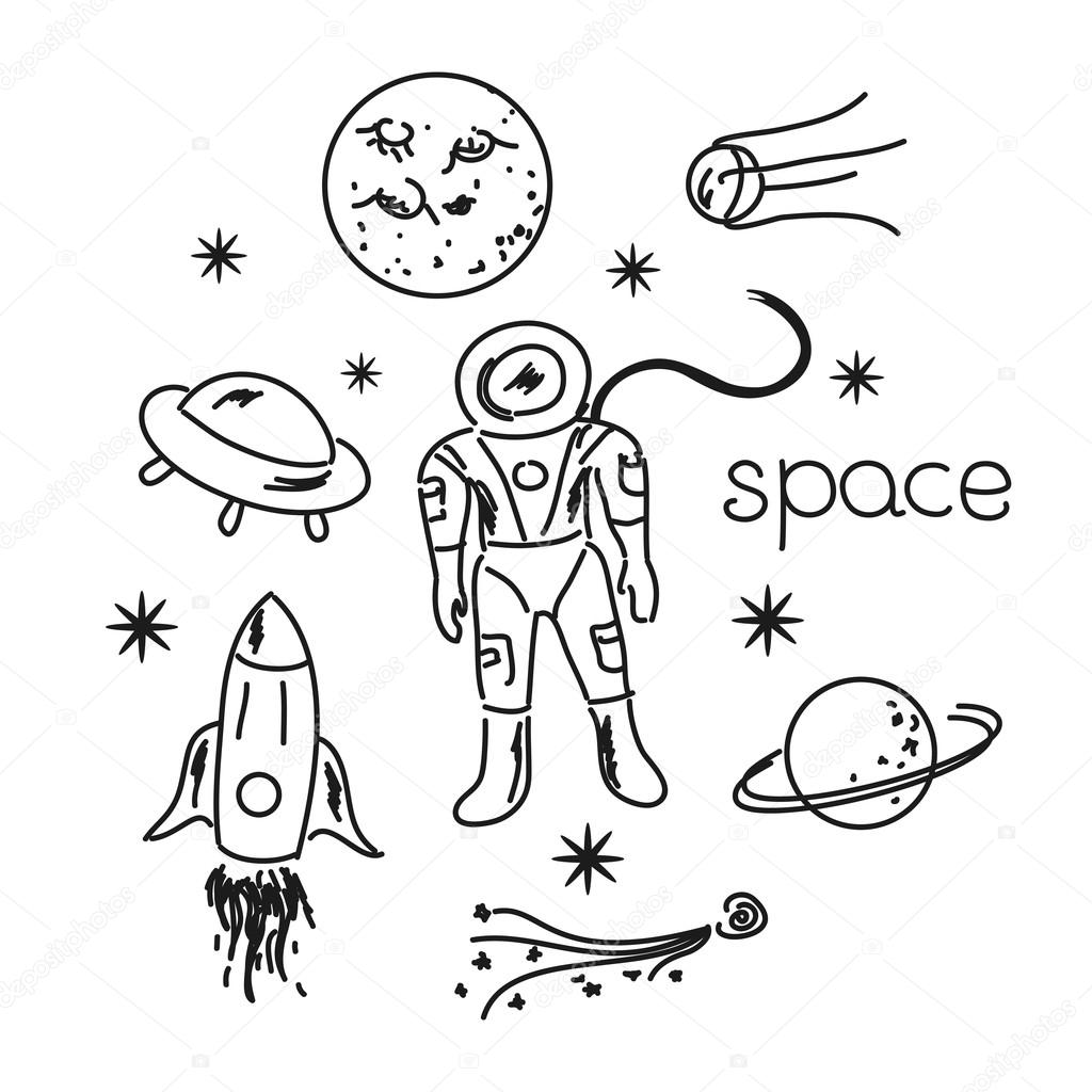 1024x1024 Space Objects Line Drawing Stock Vector Meowudesign