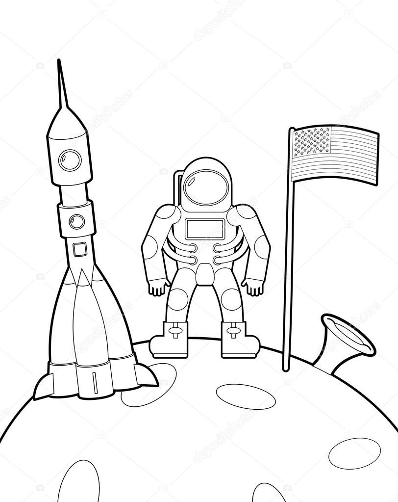 812x1023 Astronaut With A Flag On Moon. Space Rocket Ship Coloring Book