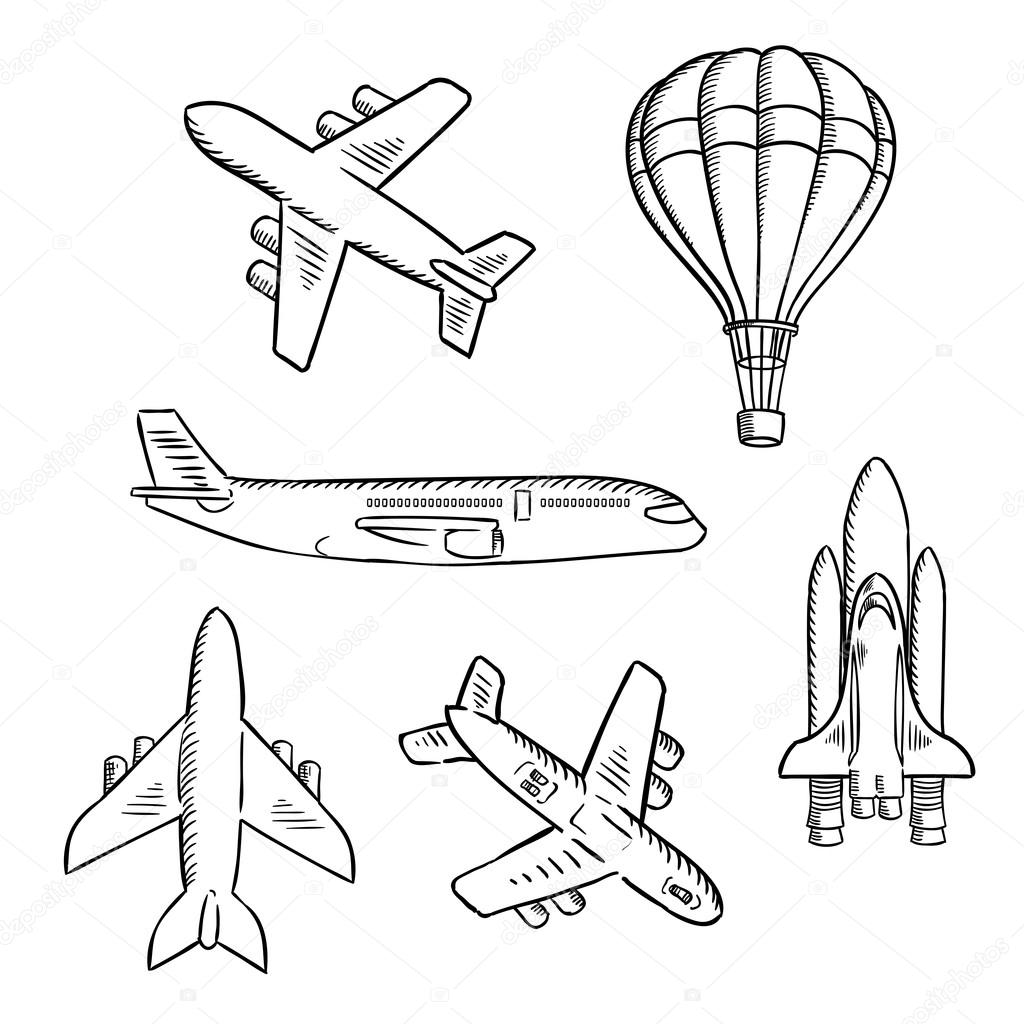 1024x1024 Airplanes, Space Shuttle, Hot Air Balloon Sketches Stock Vector