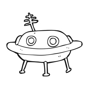 300x300 Freehand Drawn Black And White Cartoon Alien Spaceship Royalty