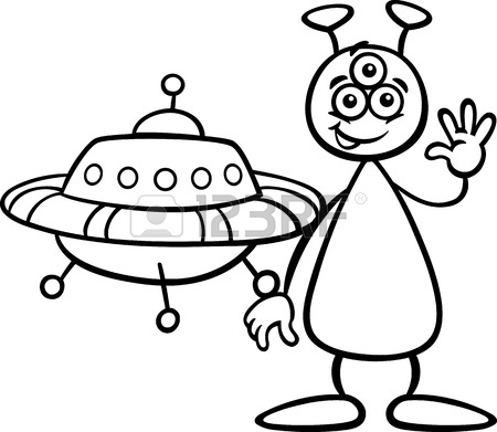 450x391 Black And White Cartoon Illustration Of Funny Alien Or Martian