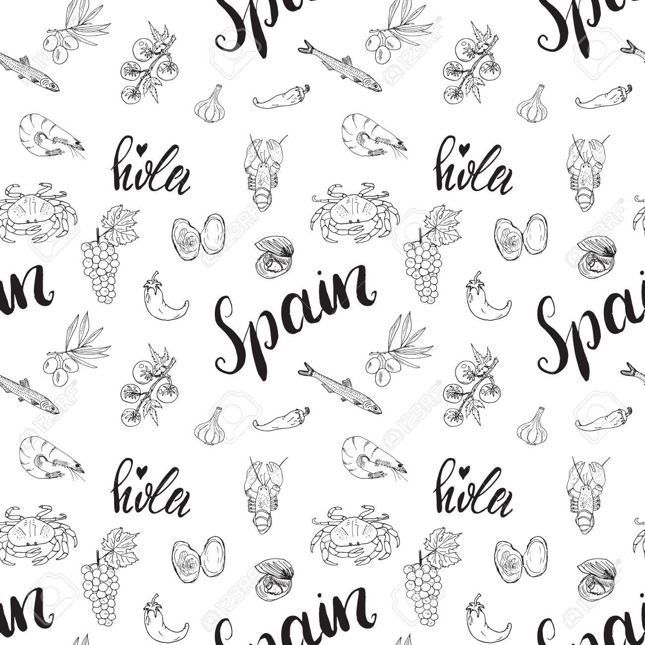 1300x1300 Spain Seamless Pattern Doodle Elements, Hand Drawn Sketch Spanish