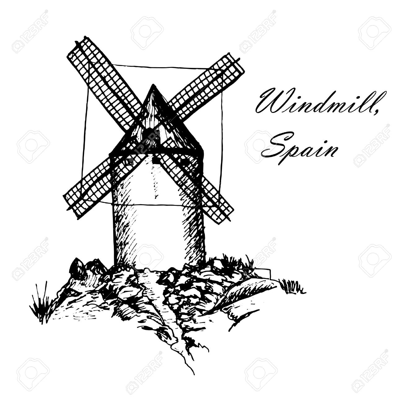 1300x1300 Don Quixote Windmills In Consuegra Spain Sketch Hand Drawn