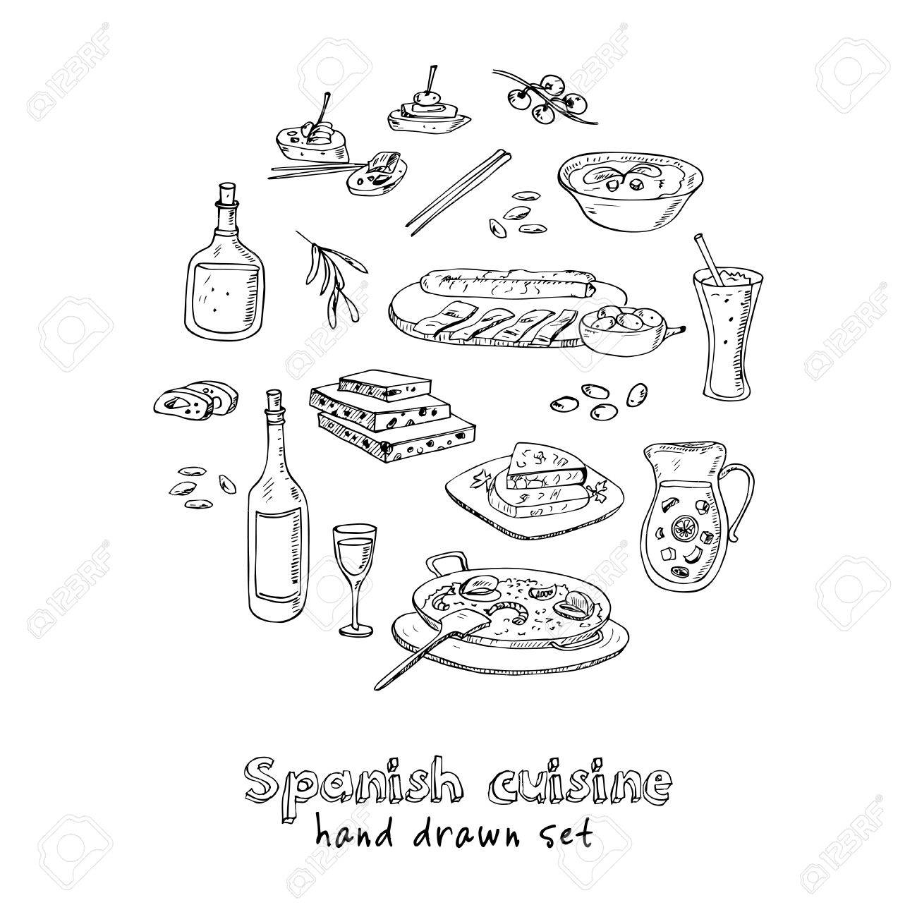 1300x1300 Vector Hand Drawn Set Of Spanish Cuisine Soup, Liver In Garlic