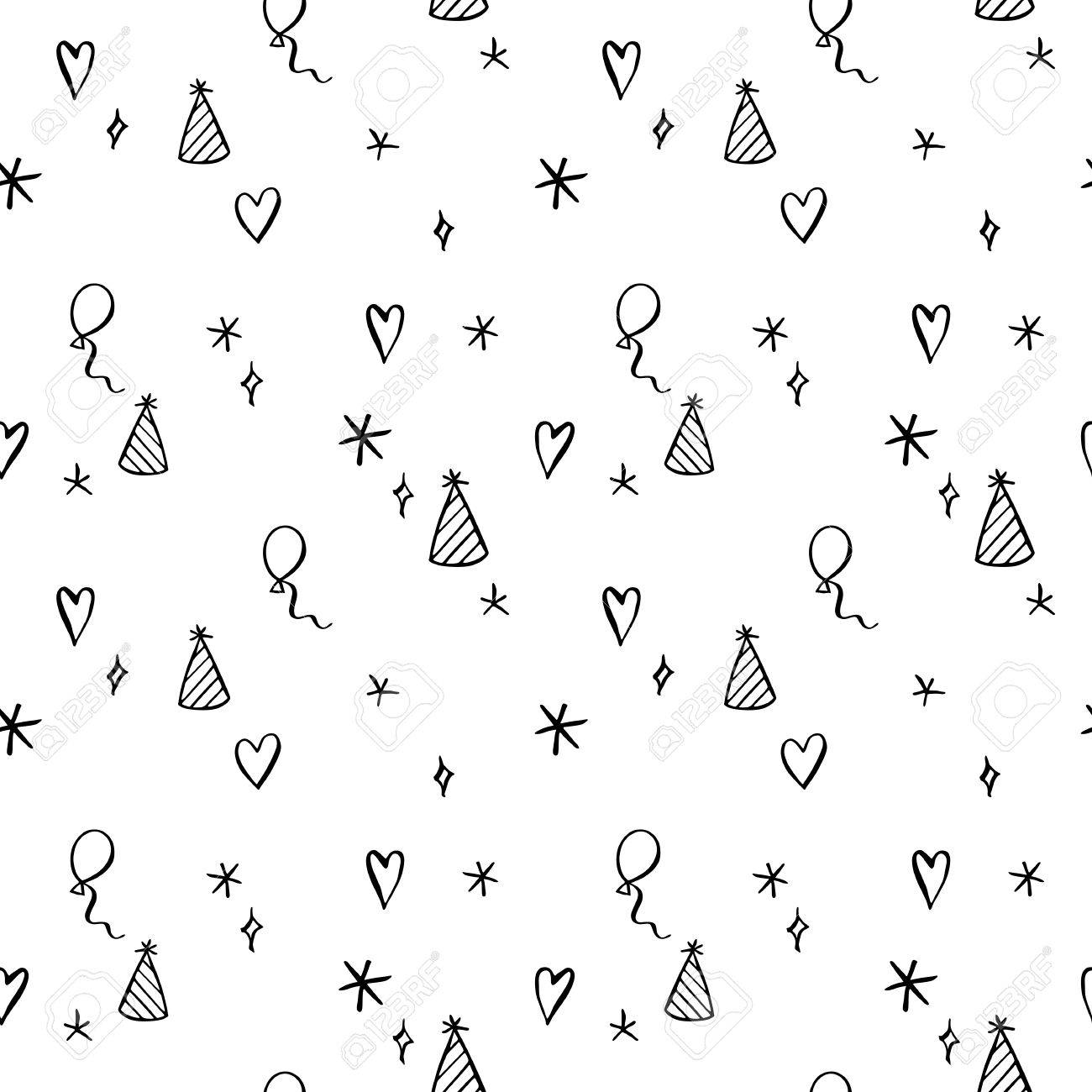 1300x1300 Hand Drawn Birthday Seamless Pattern With Balloons, Hearts