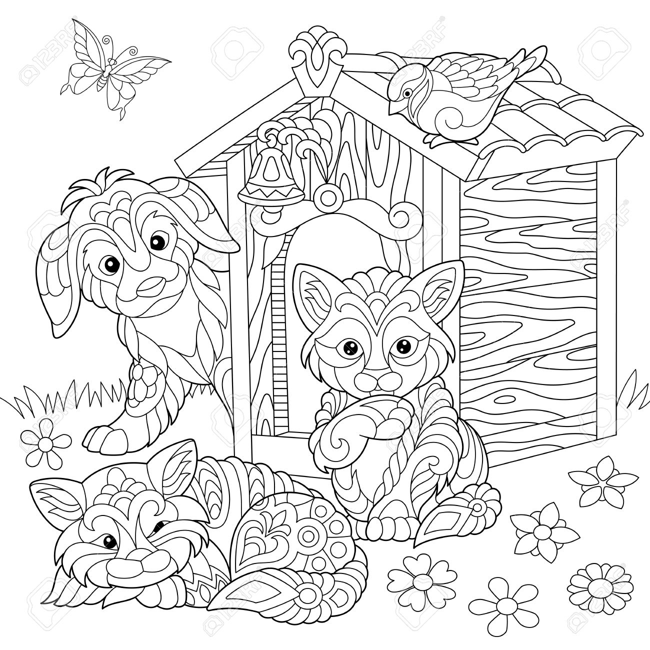 1300x1300 Coloring Page Of Dog, Two Cats, Sparrow Bird And Butterfly