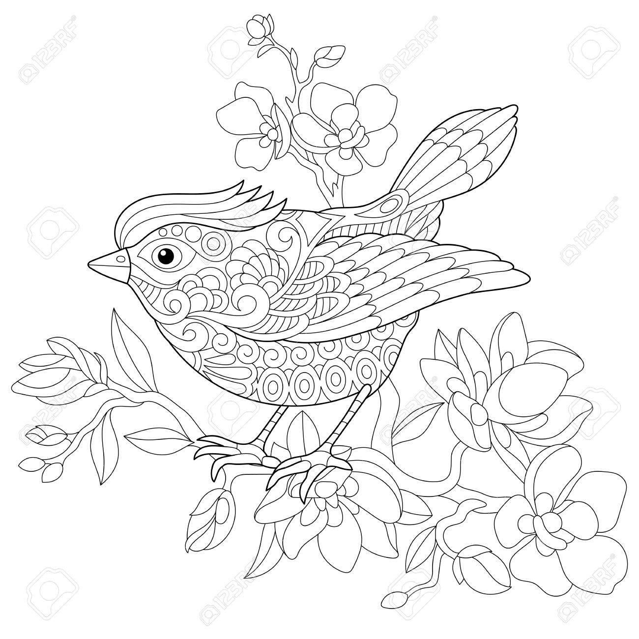 1300x1300 Coloring Book Page Of Sparrow Bird Sitting On Apple Blossoming
