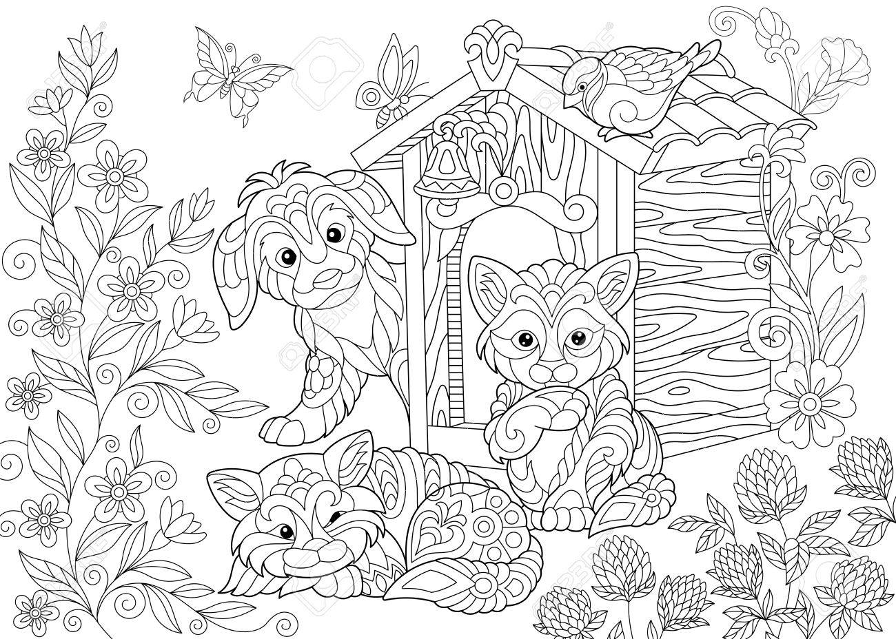 1300x928 Coloring Page Of Dog, Two Cats, Sparrow Bird And Butterflies