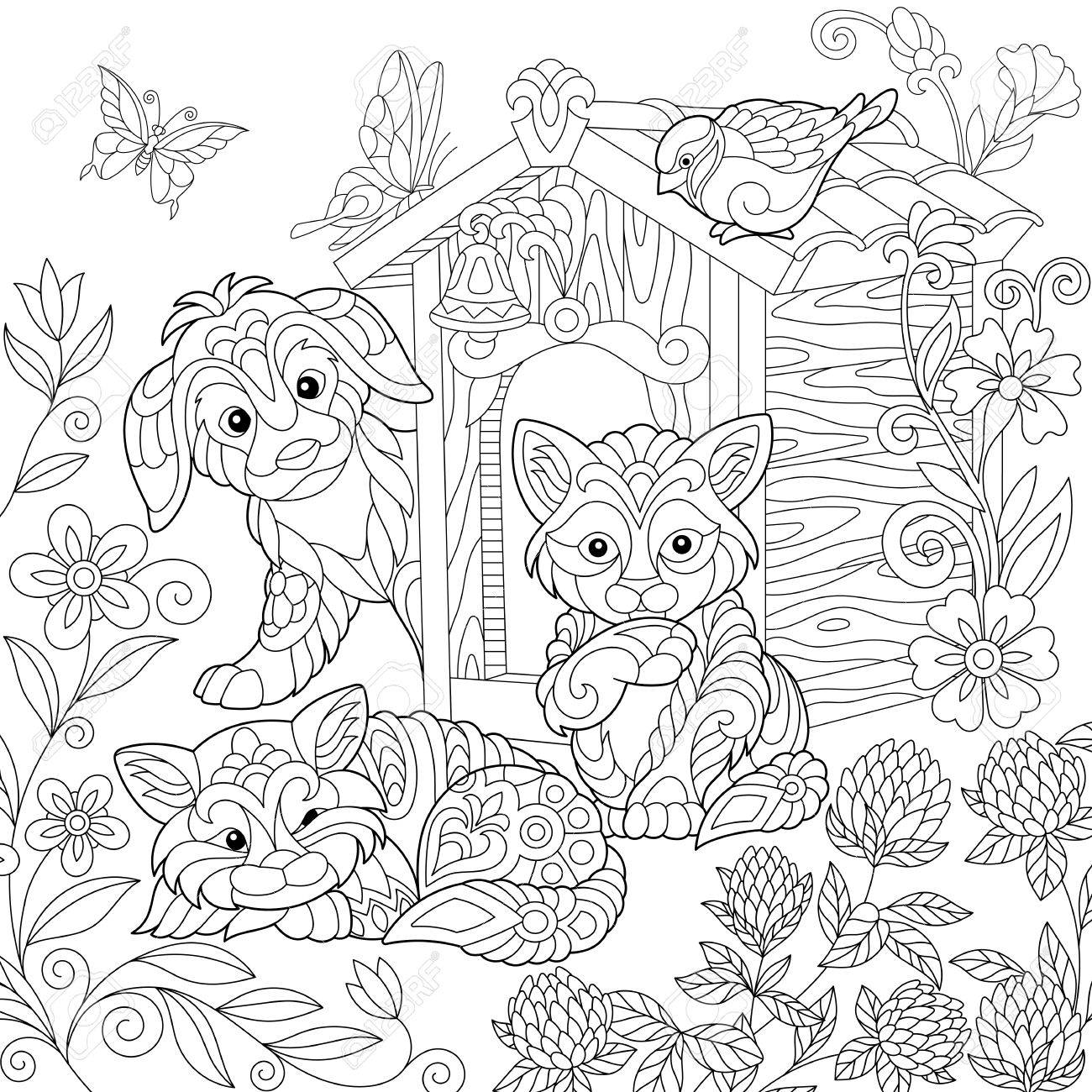 1300x1300 Coloring Page Of Puppy, Cat, Sparrow Bird, Dog Booth, Clover