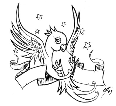 400x366 Collection Of Outline Heart Swallows Birds With Banner Tattoo