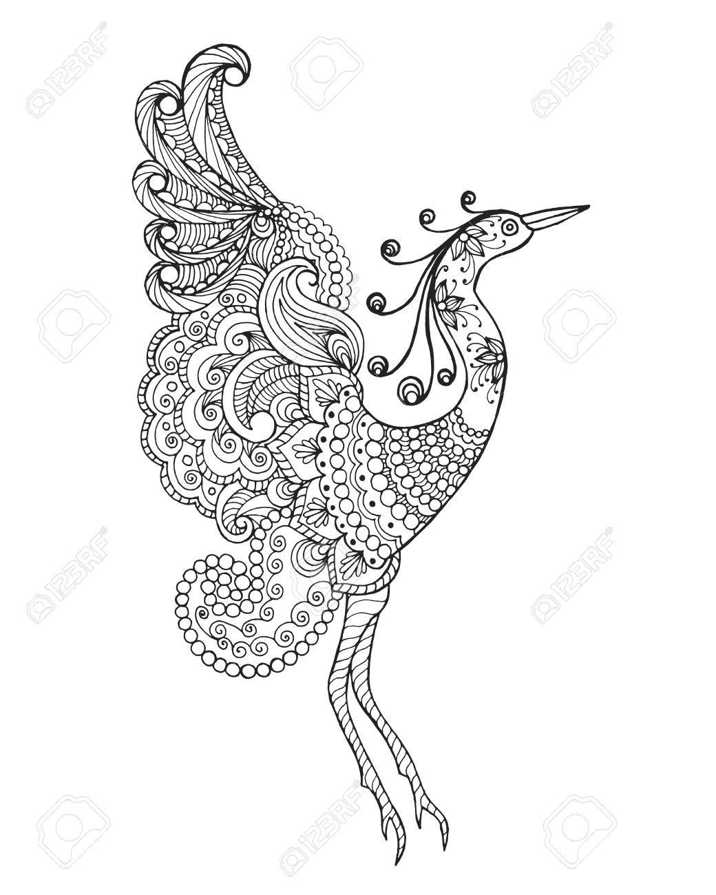 1040x1300 Fantasy Bird. Black White Hand Drawn Doodle Animal. Ethnic