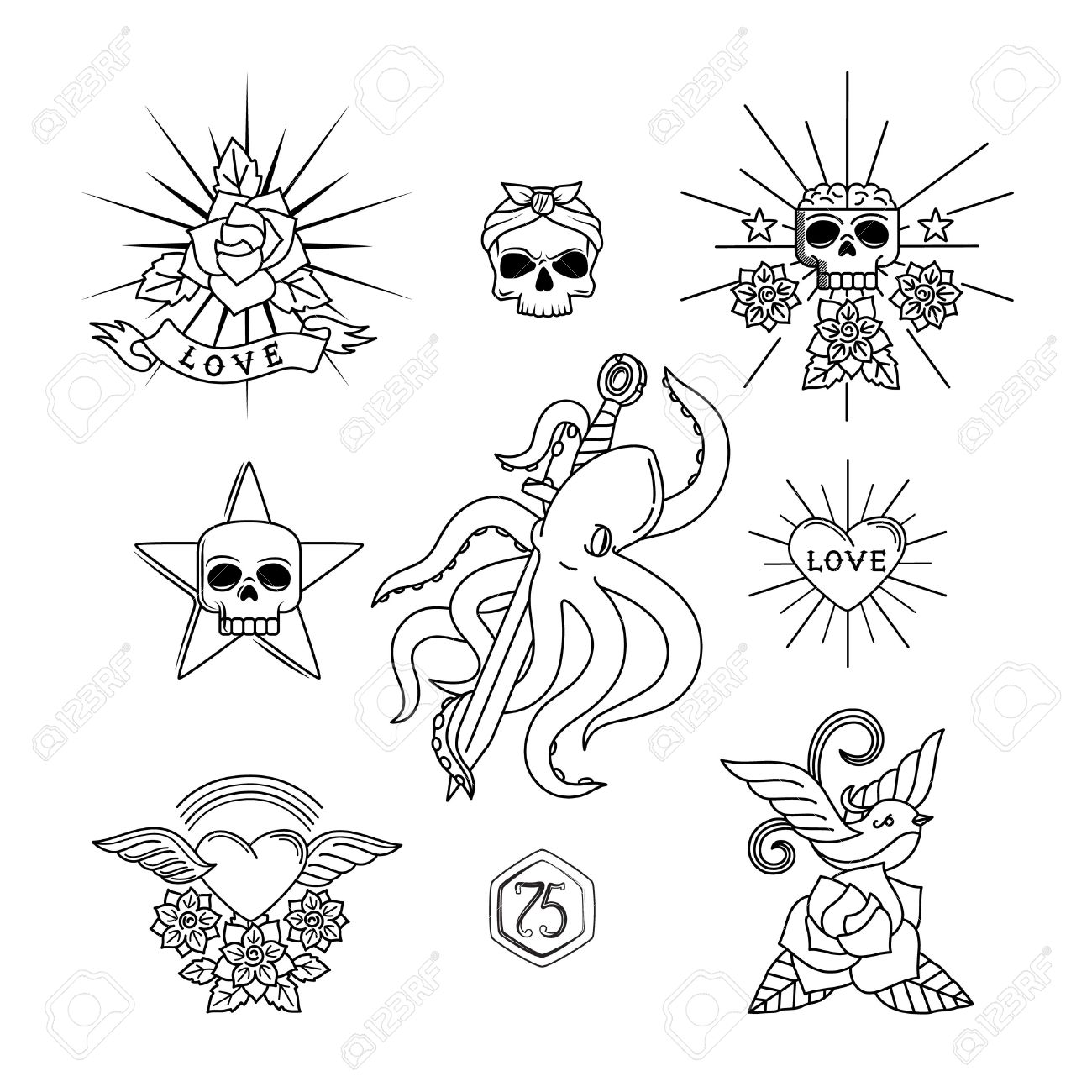 1300x1300 Tattoo Vector Elements. Linear Tattoos With Skull And Flowers