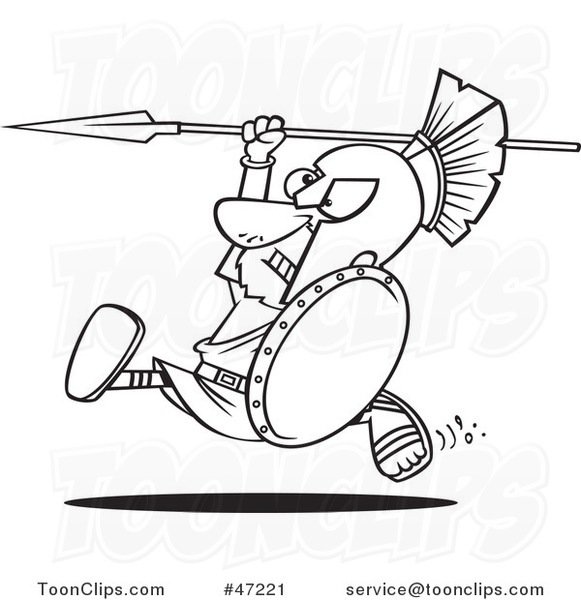 581x600 Black White Cartoon Spartan Warrior Running With A Spear