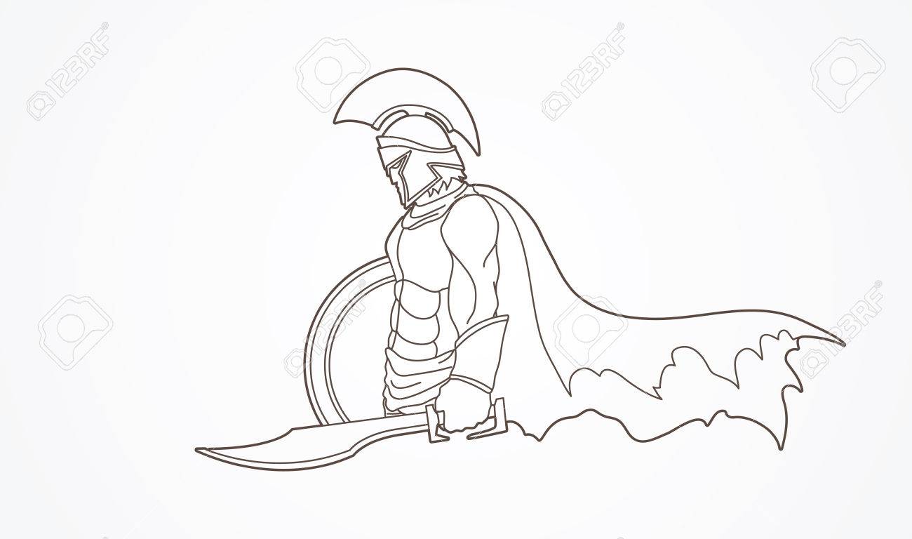 1300x768 Spartan Warrior With Sword And Shield Outline Graphic Vector