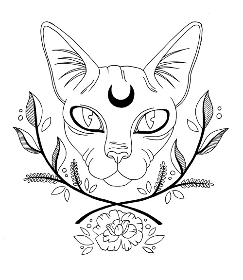 500x576 Sphynx Cat With Reverse Moon Sign And Crossed Branches Tattoo