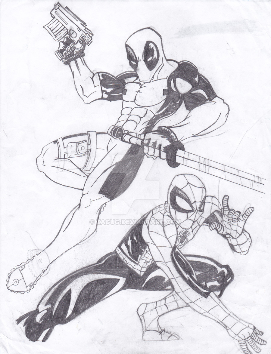 900x1177 Spiderman And Deadpool Sketch By Zagug