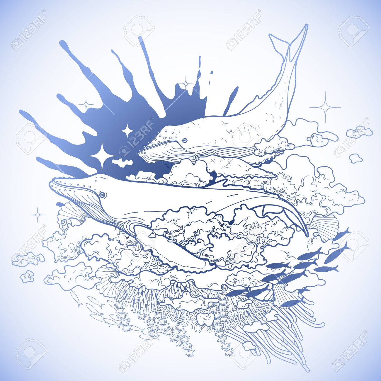 1300x1300 Graphic Whales Flying In The Sky With Ink Splash On Background