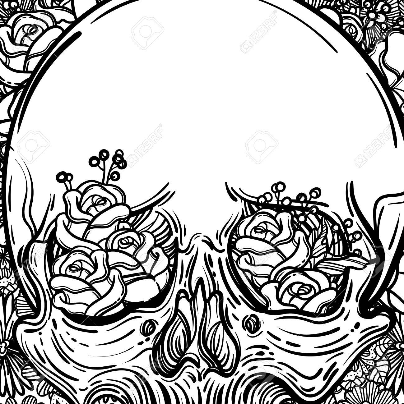 1299x1300 Line Art Illustration. Scary Skull And Flowers. Vintage Print