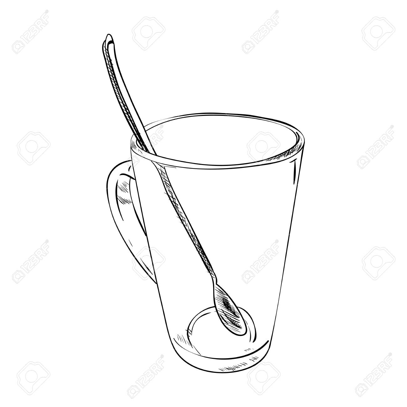 1300x1300 Vector Sketch Of A Glass Cup With A Spoon. Hand Draw Illustration