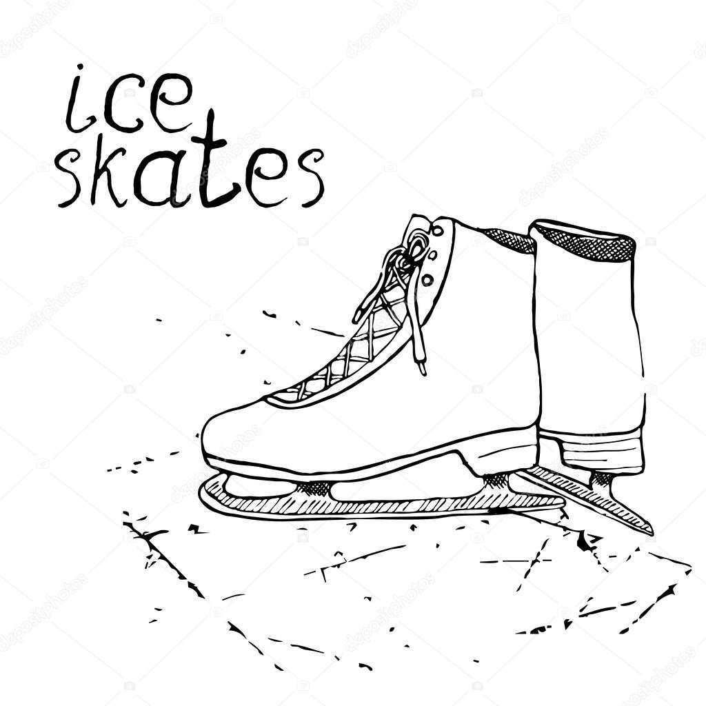 1024x1024 Hand Drawn Sketch Ice Skates. Drawing Sport Doodle Element Winter