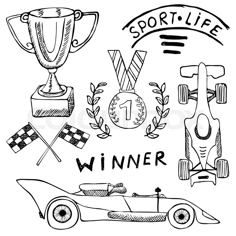 800x800 Sport Auto Items Doodles Elements. Hand Drawn Set With Flag Icon