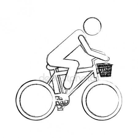 450x450 Monochrome Sketch Pictogram Of Man In Sport Bike With Basket