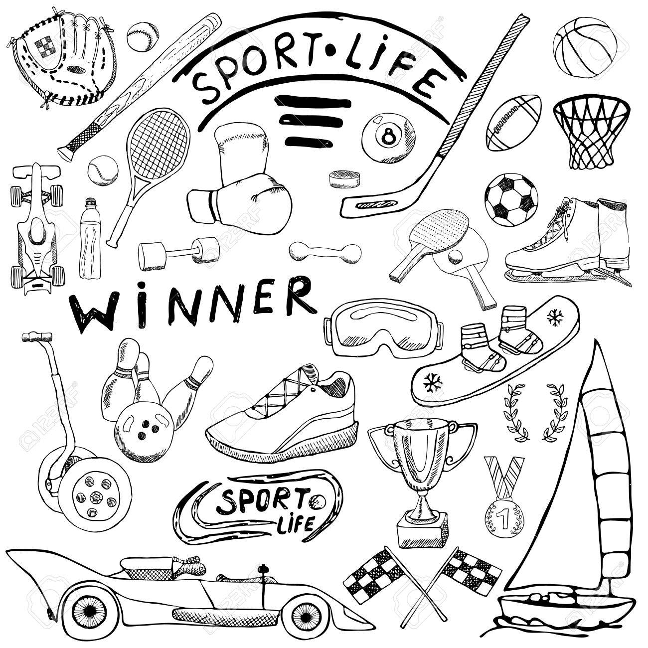 1300x1300 Sport Life Sketch Doodles Elements. Hand Drawn Set With Baseball