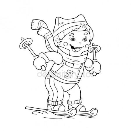 450x450 Coloring Page Outline Of Cartoon Boy Riding On Skis. Winter Sports