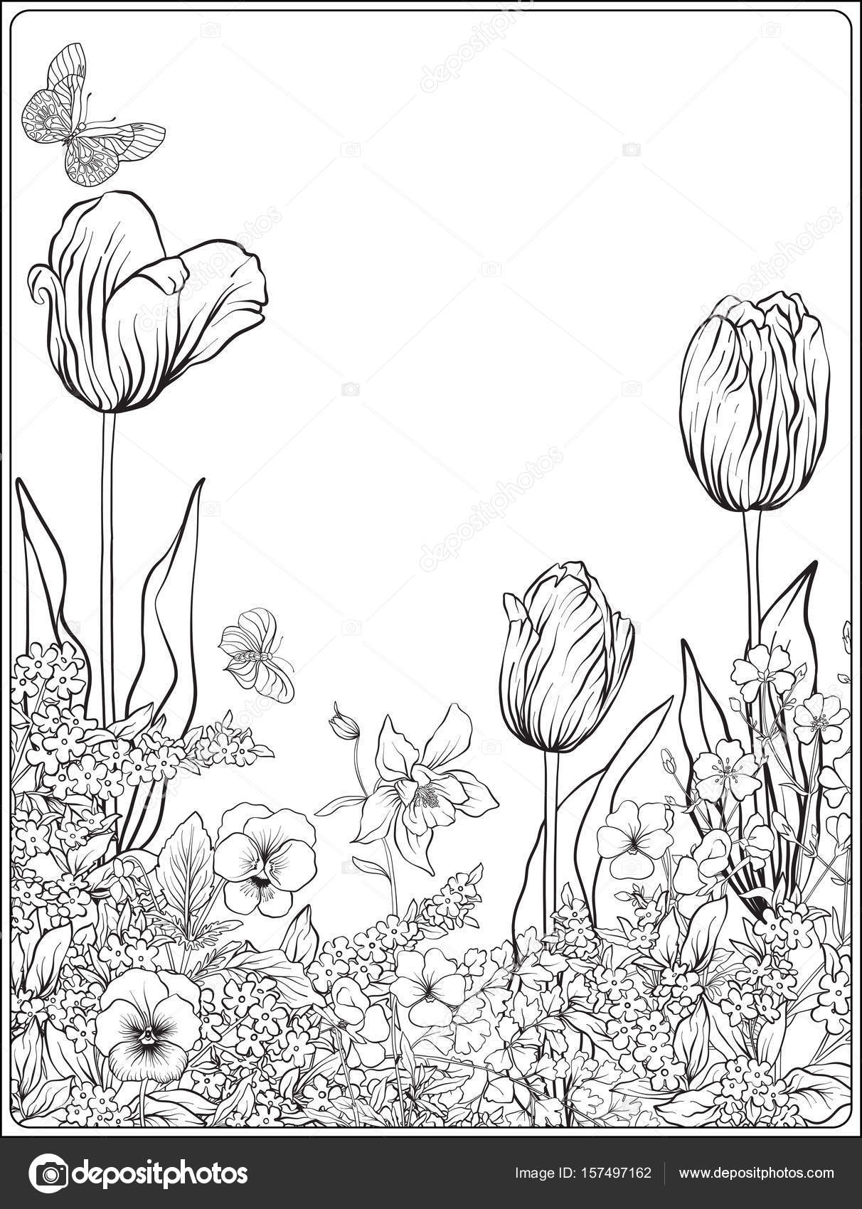 1212x1700 Composition With Spring Flowers Tulips, Daffodils, Violets,