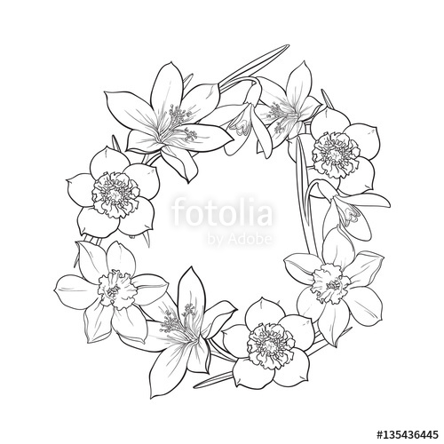 500x500 Round Frame Of Spring Flowers, Decoration Element, Sketch Vector