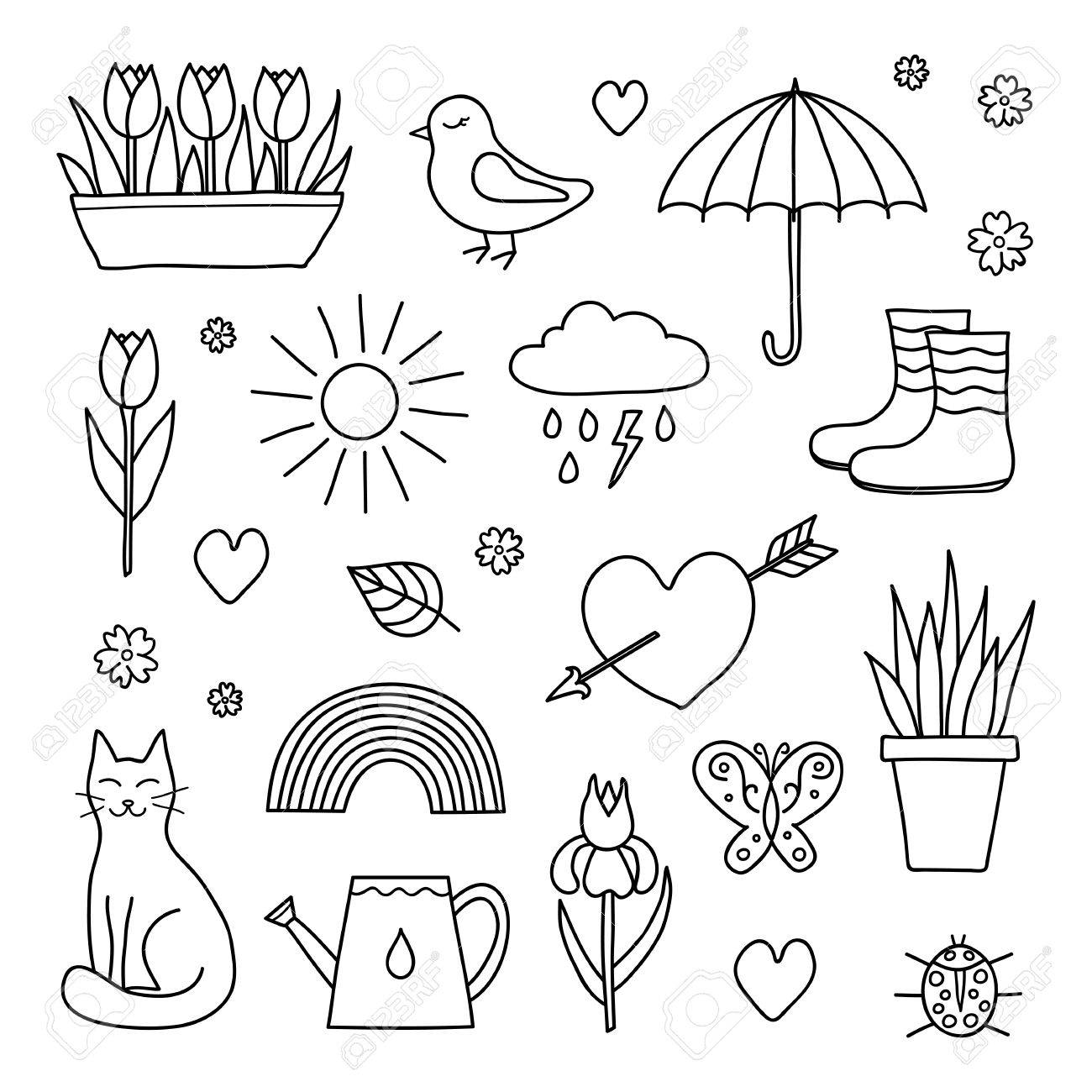 1300x1300 Collection Of Hand Drawn Outline Spring Items Including Sun