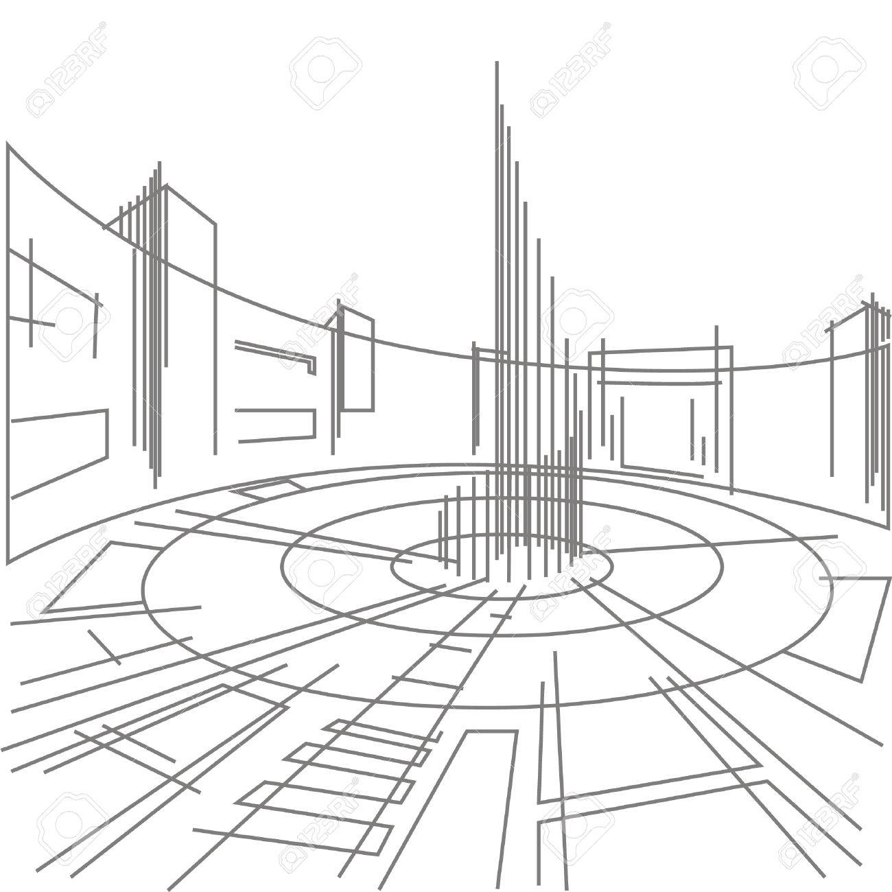 1300x1300 Linear Architectural Sketch Town Square Royalty Free Cliparts