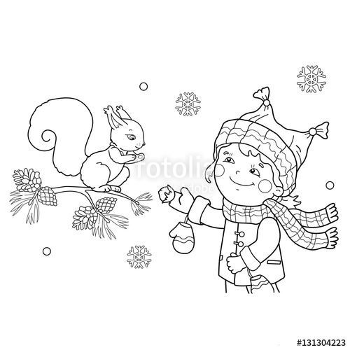 500x500 Coloring Page Outline Of Cartoon Girl Feeding A Squirrel. Winter