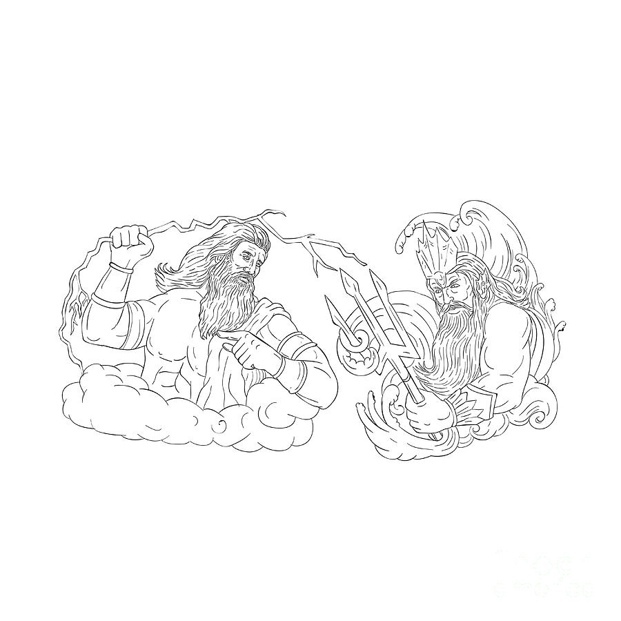900x900 Zeus Vs Poseidon Black And White Drawing Digital Art By Aloysius