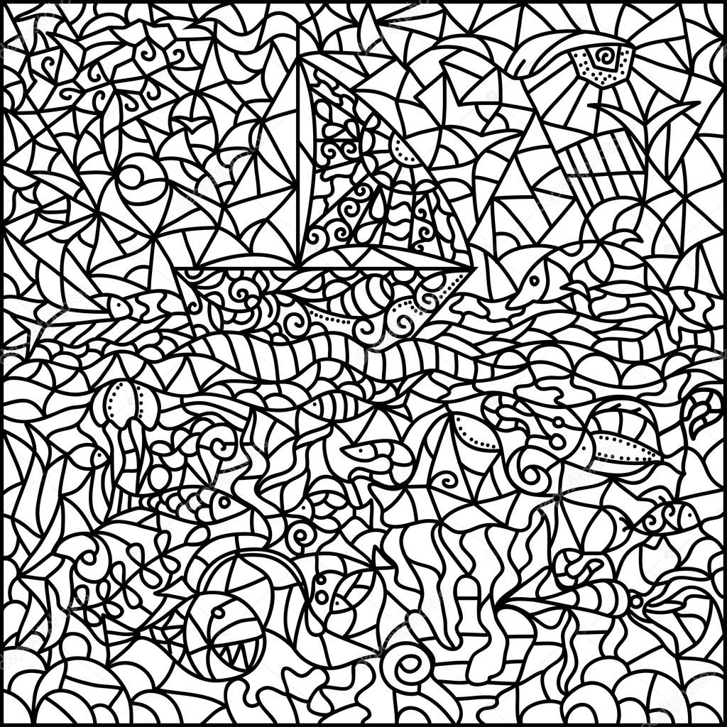 1024x1024 Black White Stained Glass Window On The Marine Theme. Ship, Sky