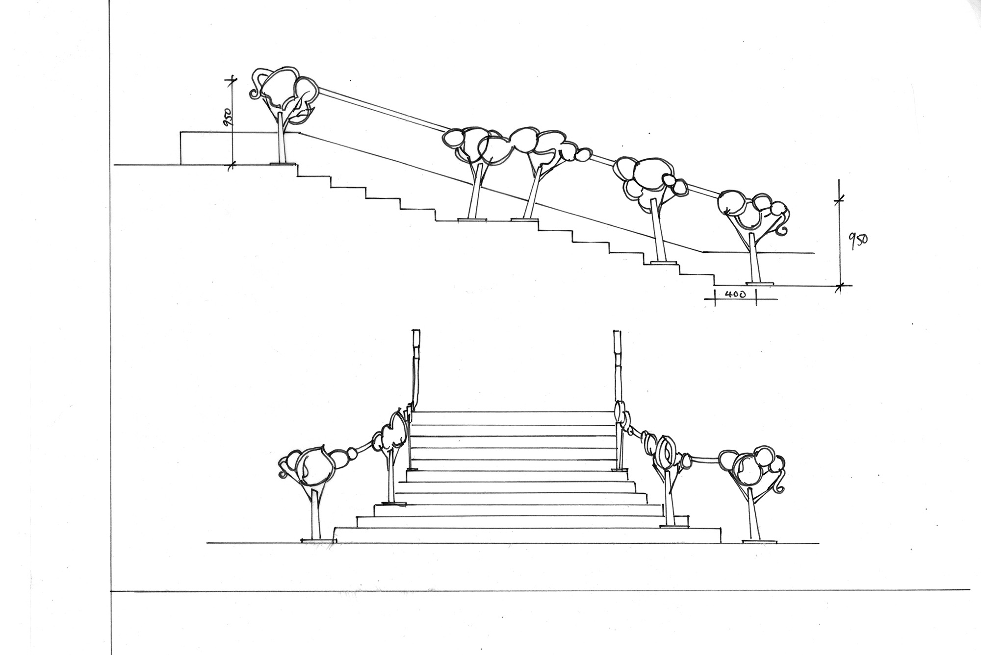 2000x1337 Bent Metal Concept Sketch. Entrance Stairs. Circa.