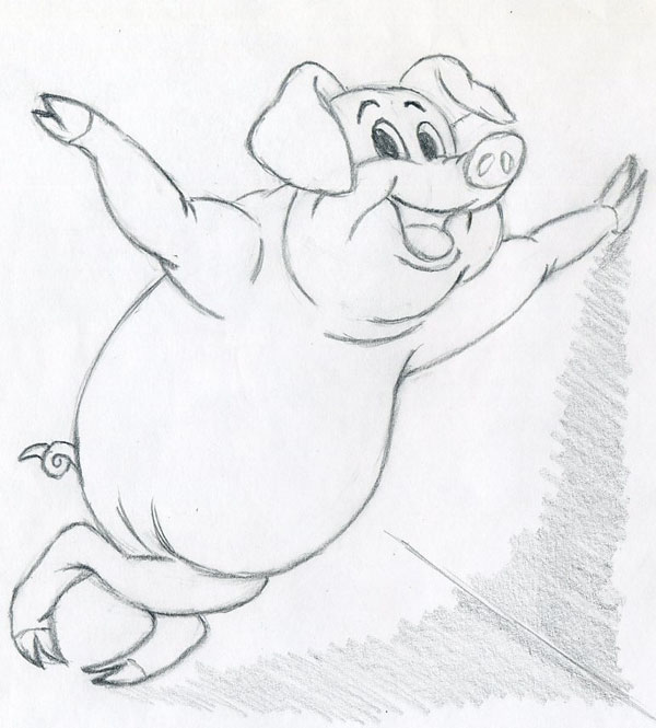 600x665 How To Draw Cartoon Pig, Self Confident, Leaning On The Wall