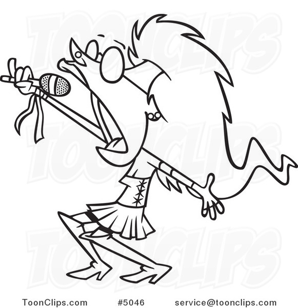 581x600 Cartoon Black And White Line Drawing Of A Lady Rock Star Singing