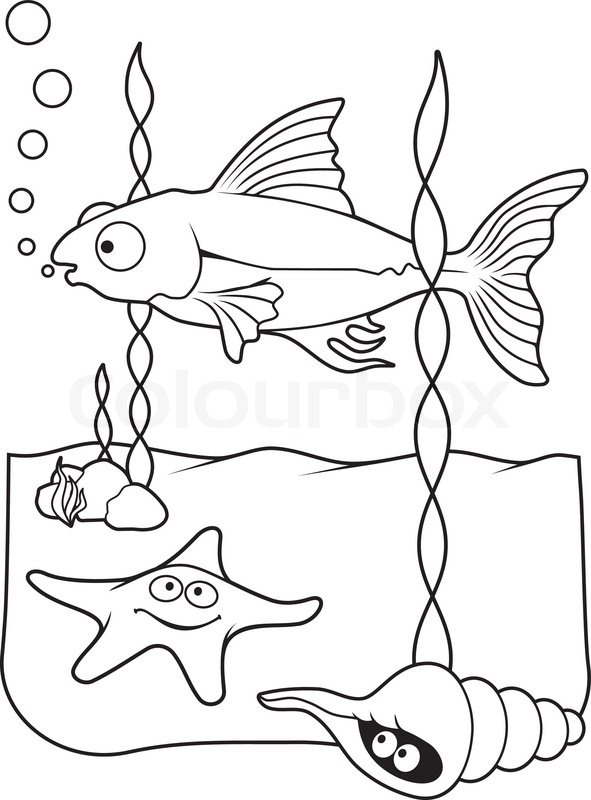 591x800 Underwater Scene With Fish Starfish And Shell Cartoons, Line Art